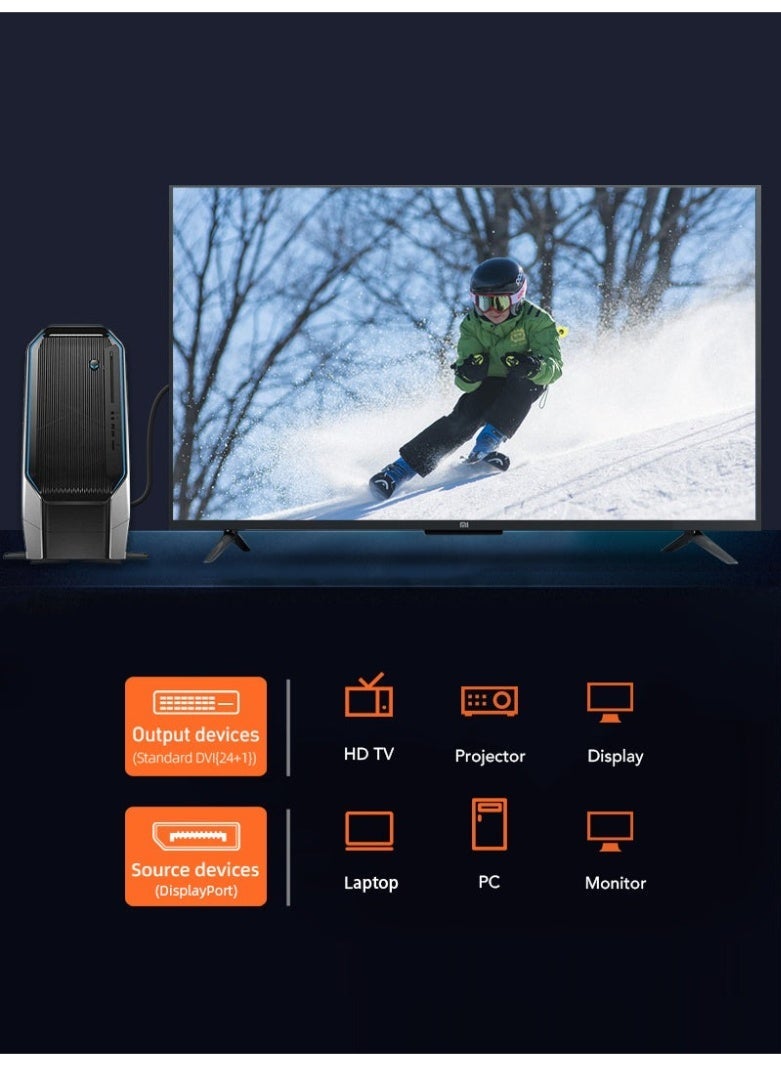 كابل تايم كابل DisplayPort إلى DVI-D بدقة 1080p Full HD، سلك DP إلى DVI ذكر إلى ذكر لأجهزة الكمبيوتر المحمولة والشاشات وأجهزة العرض وأجهزة التلفزيون عالية الدقة، محول فيديو عالي السرعة متوافق مع بطاقة رسومات Windows، موصلات مطلية بالذهب متينة. - Image 2